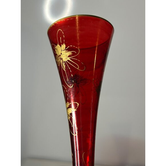 VTG Set Of 2 Cranberry Flashed Gold Floral Painted Bohemian Glass Flute Vases - Picture 7 of 9